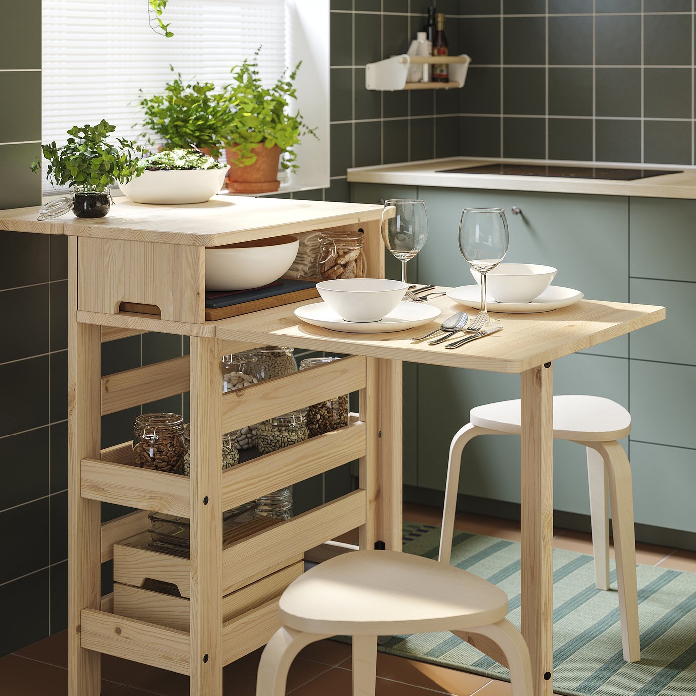 Pine Utility, Mobile drop-leaf table w storage, pine